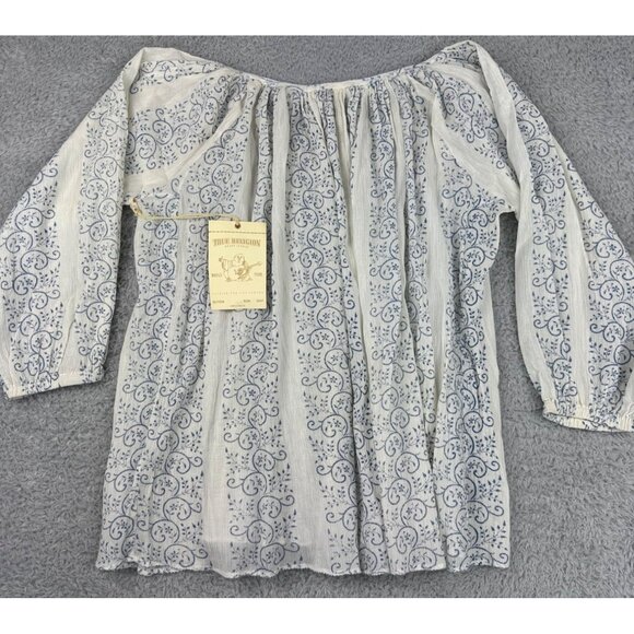 True Religion Womens Boho Top S Blue & White Trellis Print With Princess Seams - Picture 16 of 16